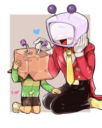  1boy 1other ant_tenna belt belt_buckle black_belt black_pants blush_stickers box box_on_head brown_shorts buckle cardboard_box collared_shirt crt deltarune gloves green_sweater hand_on_another&#039;s_leg hand_on_own_head heart kneeling kris_(deltarune) necktie object_head pants radio_antenna shirt shoes shorts single_blush_sticker smile socks sweater tabasc0de tailcoat utdr_(toby_fox) white_gloves white_shirt yellow_necktie yellow_shoes yellow_socks 
