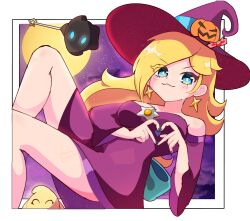  1girl :3 absurdres blonde_hair blue_eyes blush border brooch closed_mouth dress earrings english_commentary four-finger_heart_hands hat hat_ornament heart heart_hands highres hoshinokotta jack-o&#039;-lantern_hat_ornament jewelry long_hair looking_at_viewer luma_(mario) mario_kart mario_kart_tour moon official_alternate_costume outside_border polari_(super_mario_galaxy) purple_dress purple_hat rosalina rosalina_(halloween) star_(symbol) star_brooch star_earrings super_mario_bros. white_border wide_sleeves witch_hat 
