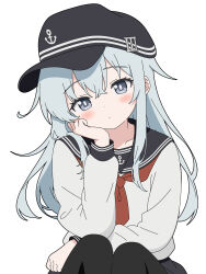  1girl anchor_symbol black_hat black_pantyhose black_sailor_collar black_skirt blue_eyes flat_cap grey_hair hand_on_own_face hat hibiki_(kancolle) highres kantai_collection neckerchief pantyhose red_neckerchief sailor_collar sailor_shirt school_uniform serafuku shirt simple_background sitting skirt solo sugapi white_background white_shirt 