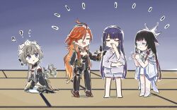  4girls black_bodysuit black_gloves black_hair bodysuit brown_hair clapping closed_eyes closed_mouth columbina_(genshin_impact) detached_sleeves genshin_impact gloves highres long_hair long_sleeves mavuika_(genshin_impact) multiple_girls open_mouth purple_hair raiden_shogun red_hair sandrone_(genshin_impact) smile standing xinzoruo 