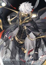  1boy bags_under_eyes black_eyes black_gloves black_jacket chinese_commentary cleaver commentary_request contrapposto covered_mouth fingerless_gloves full_moon ghostblade_(to_be_hero_x) gloves gold_trim highres jacket jacket_on_shoulders looking_at_viewer male_focus moon narrowed_eyes night short_hair shyzon0214 solo to_be_hero to_be_hero_x white_hair 