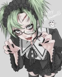  1girl aegyo_sal bib_collar black-framed_eyewear black_choker black_dress black_hairband black_nails black_ribbon black_thighhighs blood blood_from_mouth blurry broken_eyewear bruise bruise_on_face cat chibi choker claw_pose collar cowboy_shot cuts depth_of_field detached_wings dress english_commentary english_text eyelashes eyeshadow fingernails frilled_dress frilled_hairband frilled_sleeves frills ghost ghost_pose ghost_tail green_hair grey_background grey_eyes hair_between_eyes hairband halloween happy_halloween highres injury jirai_kei juliet_sleeves long_fingernails long_sleeves looking_at_viewer makeup neck_ribbon original parted_bangs parted_hair parted_lips puffy_sleeves puritan_collar ribbon sharp_fingernails short_dress short_eyebrows short_twintails smokey_eyeshadow spiked_choker spikes spiky_hair tamori_(tamori_www) teeth thick_lips thigh-highs twintails white_collar wide_sleeves wings 