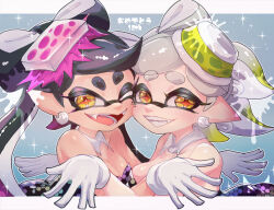  +_+ 2girls anniversary black_dress black_hair black_jumpsuit breasts callie_(splatoon) cheek-to-cheek chichi_band commentary_request cousins detached_collar dress earrings food food_on_head gloves gradient_hair green_hair grey_hair grin heads_together jewelry jumpsuit leaning_forward long_hair looking_at_viewer marie_(splatoon) medium_breasts mole mole_under_eye multicolored_hair multiple_girls object_on_head one_eye_closed open_mouth outside_border partial_commentary pointy_ears purple_hair short_hair smile sparkle splatoon_(series) splatoon_1 squid_pose strapless strapless_dress strapless_jumpsuit sushi swept_bangs tentacle_hair translated updo white_gloves wing_collar yellow_eyes 