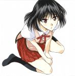  1girl black_hair highres official_art parted_lips red_eyes ribbon school_rumble school_uniform short_hair simple_background skirt solo tsukamoto_yakumo white_background 