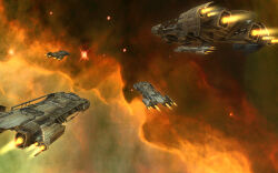  barge_(eve_online) brown_background cloud_background clouds commentary english_commentary eve_online fleet flying glowing harvesting_ship_(eve_online) highres nebula no_humans orange_background outdoors outer_ring_excavations_(eve_online) realistic scenery science_fiction space spacecraft star_(sky) thrusters vankaiser 