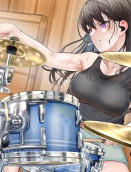  1girl adversarial_noise bang_dream! bang_dream!_it's_mygo!!!!! black_hair black_tank_top breasts commentary drum drum_set in-ear_earphones instrument large_breasts long_hair mole mole_under_eye noir_(nowaru) open_mouth playing_drum shiina_taki solo sweat symbol-only_commentary tank_top violet_eyes 