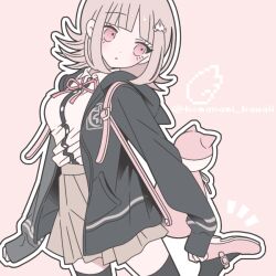  1girl breasts brown_hair collared_shirt danganronpa_(series) danganronpa_2:_goodbye_despair flipped_hair hair_ornament hood jacket komanami_kawaii long_sleeves medium_hair nanami_chiaki neck_ribbon open_clothes open_jacket pink_bag pink_eyes pink_ribbon pleated_skirt ribbon shirt shoes skirt solo thigh-highs two-tone_shirt white_shirt 