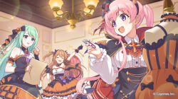  3girls arm_up bare_shoulders blue_eyes braid breasts carmina_(princess_connect!) chandelier chika_(princess_connect!) closed_eyes commentary_request company_name copyright_notice cygames demon_tail dress fang green_hair hair_ornament halloween highres holding holding_paper indoors long_hair long_sleeves mannequin multiple_girls nozomi_(princess_connect!) official_art open_mouth orange_dress paper pink_hair princess_connect! puffy_long_sleeves puffy_sleeves second-party_source sleeveless sparkle tail tsumugi_(halloween)_(princess_connect!) tsumugi_(princess_connect!) twintails upper_body violet_eyes 