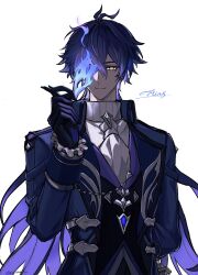  1boy arm_behind_back artist_name ascot black_vest blue_fire blue_gloves blue_hair blue_jacket butler character_name closed_mouth collared_jacket crossed_bangs fire flins_(genshin_impact) frilled_sleeves frills genshin_impact gloves gradient_hair hair_between_eyes hair_intakes hand_up hashtag-only_commentary highres holding holding_mask jacket lapels long_hair long_sleeves looking_at_viewer male_focus mask masquerade_mask multicolored_hair one_eye_covered open_clothes open_jacket purple_hair shirt simple_background sleeve_cuffs smile solo turtleneck twitter_username unworn_mask upper_body very_long_hair vest white_ascot white_background white_shirt yellow_eyes yugonm222 