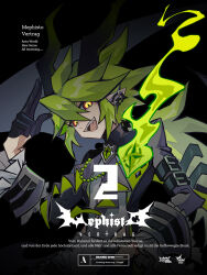  1boy :d ahoge alternate_costume aotu_world arm_belt ascot black_ascot black_background black_gloves black_jacket chinese_commentary copyright_name demon_boy demon_horns demon_wings ear_piercing earrings english_commentary english_text fang fire frilled_sleeves frills gem gloves green_fire green_gemstone green_hair grey_shirt hair_between_eyes half_gloves halloween_costume hand_up highres horns jacket jewelry long_hair long_sleeves looking_at_viewer low_ponytail male_focus mixed-language_commentary multicolored_eyes official_art open_mouth piercing pointy_ears ponytail qi_chuang_she red_eyes salute shirt sidelocks slit_pupils smile solo teeth tongue wings xander_(aotu_world) yellow_eyes 