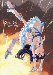 1girl artist_name bag_bow belt belt_bag blue_bag blue_eyes blue_hair boots bow bowtie brooch commentary_request cure_white dress earrings embers explosion film_grain frilled_arm_warmers full_body futari_wa_precure futari_wa_precure_max_heart gold_earrings gya-tei heart heart_brooch heart_o-ring highres jewelry lace-trimmed_dress lace_trim leg_warmers long_hair magical_girl midair o-ring o-ring_belt parted_lips pink_bow precure solo thick_eyebrows white_arm_warmers white_boots white_bow white_bowtie white_dress white_leg_warmers yukishiro_honoka