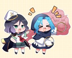  &gt;_&lt; 2girls :o absurdres black_shoes blue_hair chibi closed_eyes coat coat_on_shoulders commentary dress full_body gradient_hair green_eyes hair_between_eyes hand_on_own_hip hat highres holding kumoi_ichirin long_sleeves looking_ahead medium_hair multicolored_hair multiple_girls murasa_minamitsu neckerchief no_nose open_mouth parted_lips red_neckerchief shirt shoes short_sleeves smile socks touhou white_dress white_hat white_shirt white_socks you_(noanoamoemoe) 