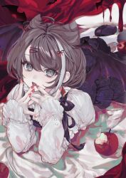  1girl aegyo_sal apple artist_request asu_(sinsekai) bat_(animal) bat_wings bitten_apple black_ribbon black_skirt brown_hair earrings fangs food food_bite fruit green_eyes hair_ornament hairclip head_wings highres jewelry juliet_sleeves kamitsubaki_studio long_sleeves looking_at_viewer lying multicolored_hair nail_polish on_stomach puffy_sleeves red_nails ribbon second-party_source shirt short_hair sinsekai_record skirt sleeves_past_wrists solo streaked_hair white_shirt wings 