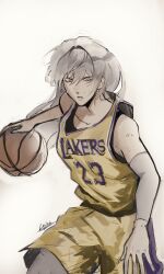  1girl absurdres alternate_costume ball basketball_(object) basketball_uniform clothing_request elbow_pads floating_hair grey_eyes highres holding holding_ball logicsterrr long_hair looking_at_viewer nephis_(shadow_slave) print_shirt running serious shadow_slave shirt shorts sportswear sweatdrop tank_top white_hair 