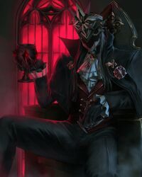  1boy absurdres black_gloves black_pants blood capitano_(genshin_impact) chain cup emblem faceless genshin_impact gloves highres holding holding_cup klaudea_x long_sleeves mask pants red_light sitting sitting_on_throne smoke suit throne window 