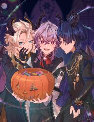  3boys albedo_(genshin_impact) black_gloves blonde_hair blue_eyes dragon_horns dragon_wings earrings fangs frills genshin_impact gloves hand_on_own_hip heart highres holding holding_pumpkin horns jewelry light_smile long_sleeves mini_durin_(genshin_impact) mini_durin_(human)_(genshin_impact) multicolored_eyes multicolored_hair multiple_boys no_gloves open_mouth pumpkin ring saigawa_genshin scaramouche_(genshin_impact) smile wanderer_(genshin_impact) wings 