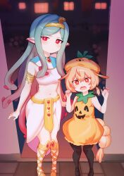  2girls absurdres ancient_egyptian_clothes antennae commission commissioner_upload eel_girl gills green_hair halloween halloween_costume height_difference highres looking_at_viewer multiple_girls orange_eyes orange_hair original pepper_(teuthidan) pumpkin_costume red_eyes shrimp_girl shrimp_tail snake_hair trick_or_treat twibli1 yuna_(teuthidan) 