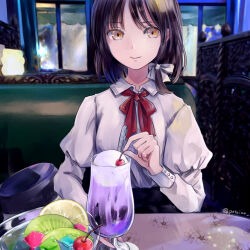  1girl anmitsu_(dessert) black_hat booth_seating brown_hair cafe cherry collared_shirt dating dessert food fruit hat hat_ribbon ice_cream ice_cream_float indoors jelly_cube juliet_sleeves kiwi_(fruit) kiwi_slice long_sleeves neck_ribbon parfait poteimo_(poteimo622) pov_across_table puffy_sleeves red_ribbon ribbon shirt short_hair solo sweets touhou twitter_username unworn_headwear usami_renko white_shirt 