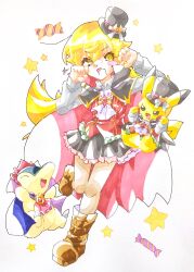 1girl ascot black_cape black_eyes black_hat black_skirt blonde_hair blue_cape blush_stickers boots bow brooch brown_boots candy cape claw_pose cyndaquil fang food foot_up frilled_skirt frills gold_trim hair_between_eyes hair_flaps hands_up hat hat_bow highres jewelry jumping knees_together_feet_apart long_hair long_sleeves mini_hat mini_top_hat monogatari_(series) mystical_high_collar open_mouth oshino_shinobu pikachu pokemon pokemon_(creature) red_vest ringed_eyes shirt single_blush_sticker skin_fang skirt smile star_(symbol) star_symbol_background taste_colorful top_hat two-sided_cape two-sided_fabric very_long_hair vest white_ascot white_background white_bow white_shirt wrapped_candy yellow_eyes