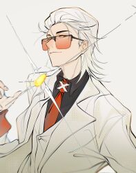  1boy black_shirt brown_eyes coin collared_shirt gold_coin grey_background hair_slicked_back highres jacket light_smile looking_at_viewer male_focus medium_hair naiann49374 necktie red_necktie shirt solo suit_jacket sunglasses tinted_eyewear to_be_hero to_be_hero_x upper_body vest waistcoat white_hair white_jacket white_vest x_(to_be_hero_x) x_ornament 