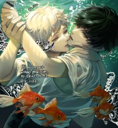  black_hair collared_shirt fingernails fish goldfish highres hikaru_ga_shinda_natsu indou_hikaru mole mole_on_cheek mole_under_mouth multiple_moles red_pupils shirt shirt_tucked_in short_hair short_sleeves submerged teeth tsujinaka_yoshiki twitter_username watermark white_hair white_shirt zaire 