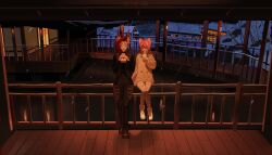  2girls absurdres against_railing animal_ears bare_tree belt black_jacket black_shirt bridge character_request closed_eyes copyright_request eating food food_request food_wrapper fox_ears full_body grin hair_between_eyes highres holding holding_food hood hoodie indoors jacket kemonomimi_mode knees_together_feet_apart ma_someru multiple_girls night on_railing orange_hair oversized_clothes ponytail railing red_hair scenery shirt smile snow snowing tree wooden_floor 