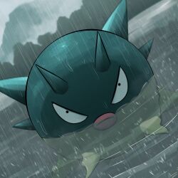  absurdres animal_focus commentary_request dutch_angle highres no_humans pokemon pokemon_(creature) pokemon_focus qwilfish rain solo spicyichizo spikes v-shaped_eyes water 