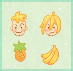  1boy banana beard_stubble blonde_hair blush border chibi commentary facial_hair food fruit green_background green_border hair_between_eyes looking_at_viewer lowres marco_(one_piece) multiple_views one_piece pikaole pineapple smile stubble 