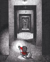  1girl ballpoint_pen_(medium) bow capelet commentary creature crosshatching facing_away greyscale hair_bow hatching_(texture) holding holding_staff horror_(theme) light_bulb monochrome original pen_(medium) red_bow red_capelet sack spot_color staff standing symbol-only_commentary traditional_media vanishing_point yatara 