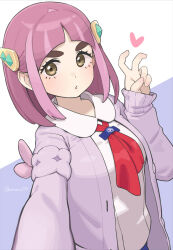  1girl breasts brown_eyes collared_shirt hair_ornament hand_up heart jacket lacey_(pokemon) looking_at_viewer neckerchief omaru_gyuunyuu open_clothes open_jacket outstretched_arm pink_hair pink_jacket pokemon pokemon_sv puckered_lips red_neckerchief selfie shirt sidelocks small_breasts solo thick_eyebrows twitter_username upper_body v white_shirt 