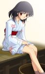  1girl artist_request black_hair blush japanese_clothes kimono obi parted_lips red_eyes school_rumble short_hair simple_background soaking_feet solo source_request tsukamoto_yakumo water yukata 