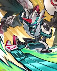  armor artist_name cowboy_shot digimon digimon_(creature) dual_wielding feathered_wings green_armor green_helmet helmet highres holding holding_sword holding_weapon sinobali solo sword violet_eyes weapon wings zephagamon 