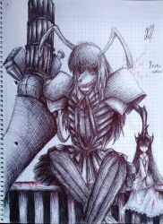  2girls ammunition_belt animal_ears arm_cannon armor asymmetrical_arms blood blood_from_mouth character_name check_commentary commentary commentary_request crossed_legs gatling_gun giant giantess greyscale hair_over_one_eye hand_on_another&#039;s_head hatching_(texture) height_difference herushiart highres hime_cut hollow_eyes horror_(theme) houraisan_kaguya long_hair long_sleeves minigun monochrome monster monster_girl multiple_girls open_mouth rabbit_ears rabbit_girl reisen_udongein_inaba sharp_teeth shirt shoulder_armor signature sitting size_difference skeletal_arm skeletal_hand skirt spanish_commentary teeth touhou touhou_igyoukyo traditional_media trembling variant_reisen weapon wide_sleeves 