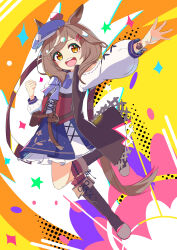  1girl absurdres animal_ears belt_bag blue_hat blush bow breasts brown_hair ear_covers ear_ornament ears_through_headwear ei_ei_mun! hair_ornament hairclip halftone halftone_background hat highres horse_ears horse_girl horse_tail long_hair looking_at_viewer matikanetannhauser_(panpaka_tiltott)_(umamusume) matikanetannhauser_(umamusume) medium_hair multicolored_hair newsboy_cap open_mouth smile solo streaked_hair tail teketewasabi tilted_headwear umamusume yellow_eyes 