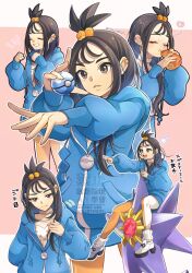  1girl black_hair blue_hoodie blush brown_eyes choker closed_eyes closed_mouth commentary croissant cube_hair_ornament dive_ball earclip eating food frown hair_ornament heart highres holding holding_food holding_poke_ball hood hood_down hoodie jacket leggings lida_(pokemon) long_hair long_sleeves mega_starmie musical_note open_mouth orange_leggings partially_unzipped poke_ball pokemon pokemon_(creature) pokemon_legends:_z-a ribbed_socks riding riding_pokemon shirt shoes smile socks starmie staryu teeth topknot two-tone_legwear white_choker white_leggings white_shirt wispy_bangs yomogi_(black-elf) 