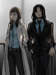  1boy 1girl 2020 atlus beard belt blue_shirt brown_hair business_suit facial_hair hair_between_eyes hasegawa_zenkichi highres ichinose_kuon lab_coat long_hair mature_female persona persona_5 persona_5_scramble:_the_phantom_strikers scientist shirt suit synria 
