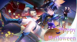  1boy alternate_costume beads belt belt_buckle black_belt black_boots black_gloves black_hat black_shirt blunt_ends boots brown_vest buckle candle candlestand claw_pose coffin coin cu09291 curled_fingers eyeliner eyeshadow fangs fingernails fire gem genshin_impact gloves gold_coin green_fire green_gemstone halloween halloween_costume hand_up happy_halloween hat highres jacket lace-up_boots lapels long_sleeves looking_at_viewer makeup male_focus mandarin_collar open_clothes open_jacket purple_hair purple_jacket purple_sleeves red_eyeliner red_eyeshadow scaramouche_(genshin_impact) shirt shorts sitting skull solo teeth thigh_strap tongue tsurime two-sided_fabric two-sided_headwear undershirt vest violet_eyes white_shorts wispy_bangs witch_hat yellow_hat yellow_trim 