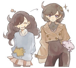  2girls ^_^ age_progression alternate_skin_color arms_behind_back arrow_(symbol) black_bodysuit black_hair blue_sweater bodysuit bodysuit_under_clothes brown_jacket chamopichamo closed_eyes collared_shirt covered_navel dark_skin emma_(pokemon) espurr highres jacket long_hair long_sleeves looking_at_viewer mega_stone multiple_girls open_mouth patch pokemon pokemon_legends:_z-a pokemon_xy shirt short_hair skirt smile sweater violet_eyes 