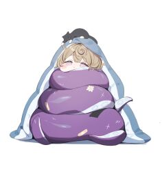1girl absurdres animal_on_head bandaid black_hair blonde_hair blush blush_stickers cat cat_on_head comforter deformed highres lumo_1121 mole mole_under_mouth monster_girl multicolored_hair nose_blush parted_lips ringed_eyes scratches scylla simple_background solo streaked_hair tentacles violet_eyes white_background wrapped_up yidhari_(zenless_zone_zero) yidhari_murphy zenless_zone_zero