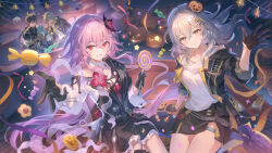  2boys 2girls black_coat black_gloves black_skirt caelus_(honkai:_star_rail) candy closed_mouth coat dan_heng_(honkai:_star_rail) dan_heng_(permansor_terrae)_(honkai:_star_rail) dual_persona evernight_(honkai:_star_rail) food gloves grey_hair highres holding holding_candy holding_food honkai:_star_rail honkai_(series) long_hair long_sleeves looking_at_viewer march_7th_(honkai:_star_rail) multiple_boys multiple_girls offering_hand official_alternate_costume official_alternate_eye_color official_alternate_hair_length official_alternate_hairstyle open_clothes open_coat pink_hair red_eyes shirt single_bare_shoulder skirt sleeves_rolled_up smile stelle_(honkai:_star_rail) thigh_strap trailblazer_(honkai:_star_rail) very_long_hair waving white_shirt yellow_eyes yeonwa 