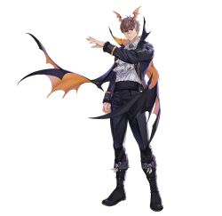  1boy arm_up artist_request ascot bat_brooch bat_wings bernheim_(king&#039;s_raid) black_boots black_cape black_jacket black_pants boots brooch brown_hair cape collared_shirt commentary_request english_commentary floating_cape floating_clothes frown full_body gem hair_ornament halloween halloween_costume high_collar highres jacket jewelry king&#039;s_raid korean_commentary mixed-language_commentary orange_cape orange_wings pants red_eyes red_gemstone scar scar_on_face second-party_source shirt short_hair simple_background solo two-sided_cape two-sided_fabric white_ascot white_background white_shirt wing_hair_ornament wings 