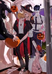  2girls 3boys abs ascot beam_(chainsaw_man) black_choker black_hair black_hat black_necktie blonde_hair blue_pants chainsaw_man choker clown collared_shirt cosplay demon_girl demon_horns denell denji_(chainsaw_man) denji_(chainsaw_man)_(cosplay) door hair_between_eyes halloween halloween_bucket halloween_costume hat hayakawa_aki highres horns long_hair multiple_boys multiple_girls necktie open_clothes open_shirt pants pointy_ears power_(chainsaw_man) red_horns shark_boy sharp_teeth shirt short_hair teeth topknot trick-or-treating vampire_costume white_ascot white_shirt witch_hat 