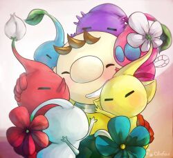  1boy =_= ^_^ big_nose black_skin blue_eyes blue_flower blue_pikmin blue_skin brown_hair bud closed_eyes colored_skin cowboy_shot flower gloves grin group_hug hand_on_another&#039;s_head happy hug insect_wings leaf light_blush light_particles no_headwear no_mouth olimar pikmin_(creature) pikmin_(series) pink_background pink_skin pointy_ears pointy_nose purple_hair purple_pikmin purple_skin red_flower red_gloves red_pikmin red_skin rock rock_pikmin rylitah short_hair signature smile solid_circle_eyes spacesuit star_(symbol) third-party_source triangle_mouth two-tone_background very_short_hair white_background white_flower white_pikmin winged_pikmin wings yellow_pikmin yellow_skin 