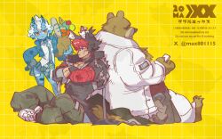  1girl 2boys animal_ear_fluff animal_ears animal_print aqua_jacket back-to-back bag bandaid bandaid_on_leg bear_boy bear_ears belly ben_bigger bilingual_text black_gloves black_hair black_jacket black_necktie black_shirt black_skirt blue_horns blue_oni blue_skin brown_fur brown_tail cargo_pants cat_print cellphone checkered_background closed_mouth coat collar colored_skin commentary_request crossed_arms dog_boy dog_ears dog_tail ear_piercing english_text fat fat_man food from_side full_body furry furry_male gloves green_pants hair_between_eyes hair_between_horns hand_on_own_hip highres holding holding_bag holding_phone horns jacket komano_manato leaf_in_mouth looking_at_viewer max801115 mixed-language_text multicolored_hair multicolored_horns multiple_boys muscular muscular_male necktie oni orange_eyes pants pectorals phone piercing plump pointy_ears red_bandage red_eyes red_hair scar scar_across_eye scar_on_face shirt shoes shopping_bag sitting skin-covered_horns skirt sleeves_rolled_up smile soukaku_(zenless_zone_zero) spiked_jacket tail twitter_username two-tone_horns watermark white_coat white_hair white_pants white_shirt white_shoes yellow_background zenless_zone_zero 