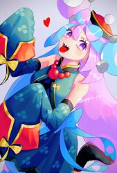  1girl :d bare_shoulders beads black_shoes bow-shaped_hair character_hair_ornament commentary_request detached_sleeves dress green_dress grey_background hair_ornament happy hat heart highres iono_(fall_2024)_(pokemon) iono_(pokemon) leg_up long_hair multicolored_hair official_alternate_costume open_mouth pokemon pokemon_masters_ex sharp_teeth shoes smile solo teeth tongue tongue_out twitter_username two-tone_hair upper_teeth_only watermark woppero_prpr 