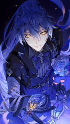  1boy alternate_costume alternate_hairstyle bandaged_arm bandages black_background black_gloves black_pantyhose black_vest blue_background blue_bow blue_bowtie blue_hair bow bowtie commentary_request empty_eyes eyeshadow flins_(genshin_impact) genshin_impact gloves gradient_background grey_shirt hair_between_eyes halloween highres holding holding_lantern holding_pumpkin incoming_gift jack-o&#039;-lantern lantern leaning_forward long_hair looking_at_viewer makeup male_focus nemumi_no_sora pantyhose ponytail pumpkin shirt smile solo very_long_hair vest wrapped_lollipop yellow_eyes 