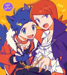  2boys alternate_costume animal_ears ascot belt belt_buckle belt_collar black_cape black_pants black_shirt blue_eyes blue_gloves blue_hair buckle candy cape chain chueog claw_pose collar collarbone collared_shirt colored_speech_bubble commentary dot_nose english_commentary english_text ethan_(pokemon) fang fangs fingerless_gloves food frilled_sleeves frills fur-trimmed_jacket fur_trim gloves halloween_costume highres jacket kemonomimi_mode long_sleeves looking_at_viewer looking_to_the_side male_focus medium_hair multiple_boys mystical_high_collar open_collar open_mouth orange_background pants parted_bangs pokemon pokemon_hgss red_belt red_cape red_hair red_jacket shirt shirt_tucked_in sideways_glance silver_(pokemon) speech_bubble tail teeth two-sided_cape two-sided_fabric uneven_eyes upper_teeth_only vampire violet_eyes werewolf white_ascot wing_collar wolf_boy wolf_ears wolf_tail 
