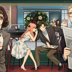  3girls 5boys absurdres anya_(spy_x_family) bare_shoulders becky_blackbell blue_eyes blue_shirt bouquet chair character_request collared_shirt damian_desmond dating dress ducartoon glasses gloves green_eyes green_hair hetero highres holding holding_newspaper indoors jeeves_(spy_x_family) melinda_desmond multiple_boys multiple_girls newspaper restaurant shirt short_hair sitting sleeveless sleeveless_dress spy_x_family sunglasses sweater_vest table twilight_(spy_x_family) white_dress white_gloves white_sweater_vest 