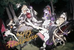 6+girls :d :q ajirogasa alice_margatroid ascot bat_(animal) bat_hat_ornament black_bow black_capelet black_dress black_gloves black_hair black_hat black_shirt blonde_hair bobby_socks book book_on_lap boots bow bowtie braid cake candelabra candle candlestand capelet chair crescent crescent_hat_ornament crossed_ankles cup dress feet_on_table flandre_scarlet food forest frilled_hairband frills gloves goat_skull gradient_hair grey_dress hair_bow hair_ornament hair_ribbon hairband halloween happy_halloween hat hat_bow hat_ornament highres hijiri_byakuren holding holding_cup kirisame_marisa layered_dress long_dress long_hair long_sleeves looking_at_viewer macaron mob_cap multicolored_hair multiple_girls nature open_mouth orange_ascot orange_bow orange_bowtie orange_hairband orange_ribbon outdoors outstretched_arm patchouli_knowledge pointy_ears purple_bow purple_hair rcs_4 ribbon round_table shanghai_doll shirt short_hair single_braid sitting smile socks star_(symbol) star_hair_ornament steepled_fingers striped_bow table teacup tiered_tray tongue tongue_out touhou tray tree twin_braids two_side_up very_long_hair violet_eyes white_boots white_dress white_socks wings witch_hat wrist_cuffs yatadera_narumi yellow_eyes 