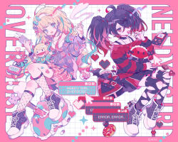  2girls :d ahoge ame-chan_(needy_girl_overdose) black_choker black_eyes black_hair black_shoes black_skirt black_sweater black_thighhighs blonde_hair blue_bow blue_eyes blue_hair bow candy cellphone character_doll choker chouzetsusaikawa_tenshi-chan cursor doll dual_persona fishnet_socks fishnets food hair_bow hair_over_one_eye hairband holding holding_candy holding_food holding_lollipop holding_phone jacket lollipop long_hair multicolored_hair multiple_girls multiple_hair_bows needy_girl_overdose phone pink_bow pink_hair pink_skirt plaid_clothes plaid_skirt purple_bow purple_hair purple_jacket red_sweater shoes skirt smile socks striped_clothes striped_sweater sweater tank_top thigh-highs torn_clothes torn_thighhighs twintails white_hairband white_tank_top window_(computing) yumenouchi_chiharu 